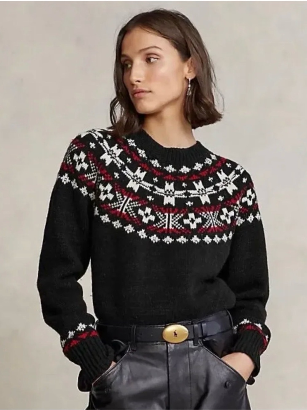 Ralph Lauren Black Crewneck Fair Isle Sweater with Red & White Pattern
